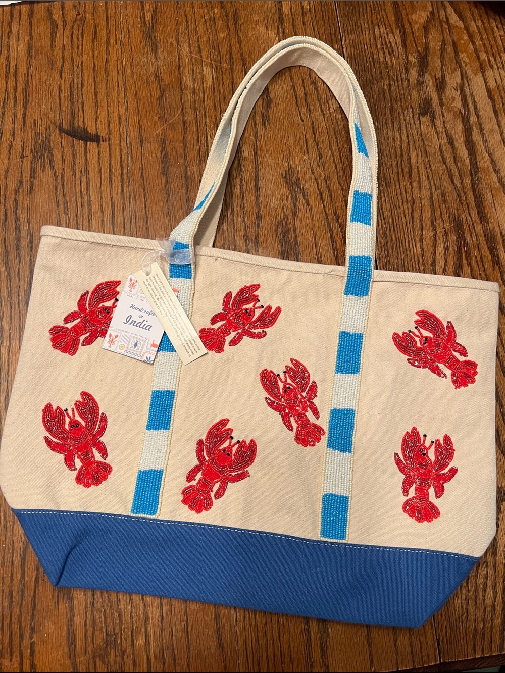 Handcrafted Canvas Tote Bag with Red Lobster Embroidery - Blue Trim